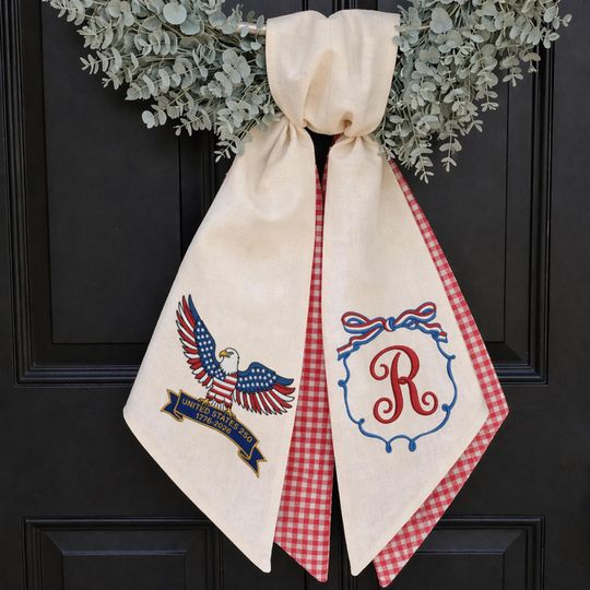 Custom Monogram Wreath Sash USA 250th Anniversary Patriotic Front Door Decor