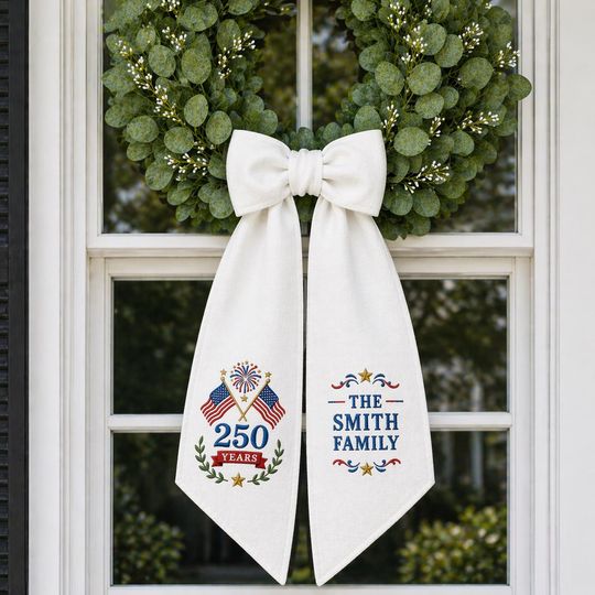 Personalized Embroidered Patriotic Wreath Sash, America 250 Patriotic Door Decor, America 250th Anniversary Decor, 4th of July Decor