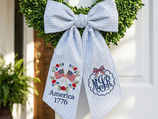 Embroidered Gingham Wreath Sash, Patriotic America 1776 Monogrammed Bow, 4th July Door Decor