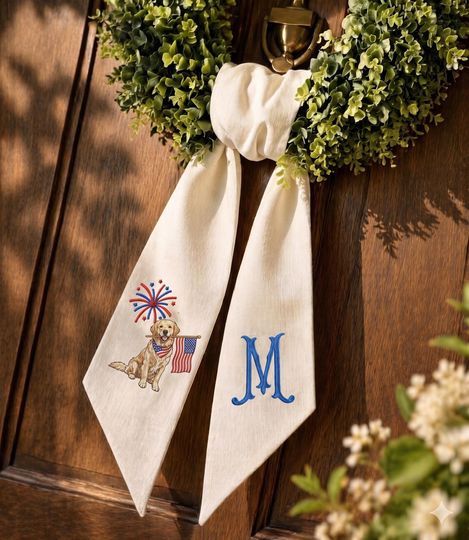 Personalized Monogram Wreath Sash, Embroidered Dog, American Flag, Seersucker Door Decor, USA Wreath Sash, 250th Anniversary