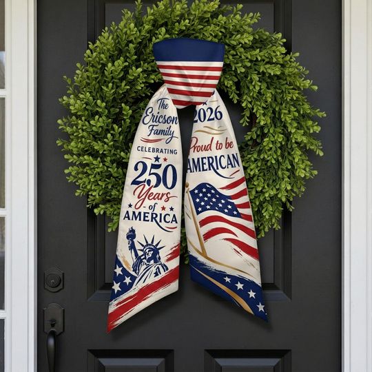 Personalized Family Name Door Wreath BowSash, Patriotic Wreath Sash, 1776-2026 USA 250 Years