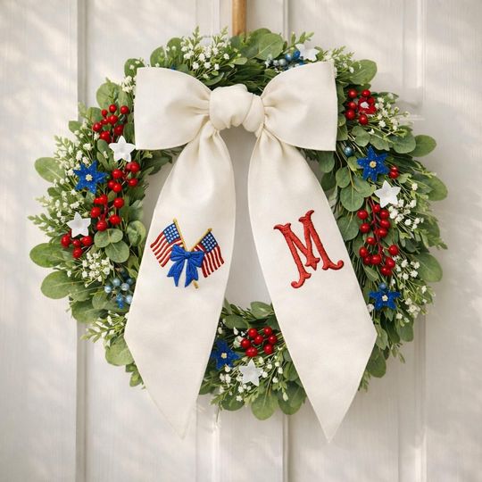 Personalized Embroidered Patriotic Wreath Sash America 250th Anniversary Custom Monogram Bow USA Flag Door Decor 1776 2026