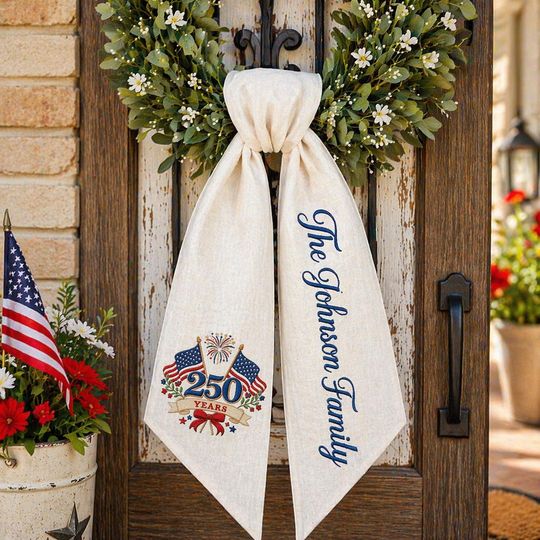 Personalized Patriotic Wreath Sash, USA Flag Door Bow, America 250th Anniversary Decor, 4th of July Gift
