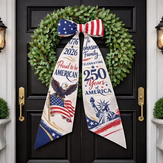 USA 250th Anniversary Wreath Sash, Blue And Red Toile Patriotic Door Hanger, Semiquincentennial Decor, Fourth Of July Outdoor Ornament