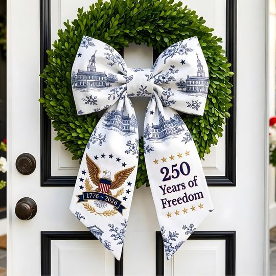 USA 250th Anniversary Wreath Sash, Blue And White Toile Patriotic Door Hanger, Semiquincentennial Decor, Fourth Of July Outdoor Ornament