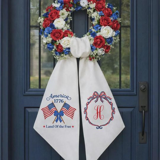 Personalized Red, White And Blue Monogram Embroidered Wreath Sash, USA 250th Anniversary, Patriotic 1776-2026 Sash Door Decor