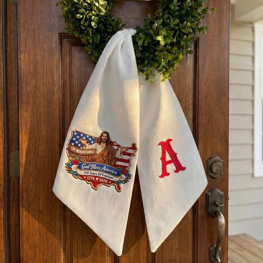 Embroidered God Bless America 250th Anniversary Sash, Patriotic Eagle and "A" Family Name Decoration, USA History , Memorial Day Wreath Sash