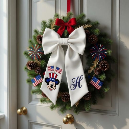Personalized Patriotic Disney Wreath Sash Bow, Custom USA Monogram Door Bow, July 4 Decor, America Flag Wreath Gift