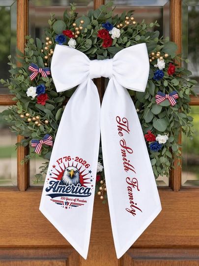 Personalized Patriotic Wreath Sash, Custom Name Door Decor, America 17762026 Anniversary, USA Floral Wreath Sash, Independence Day Gift