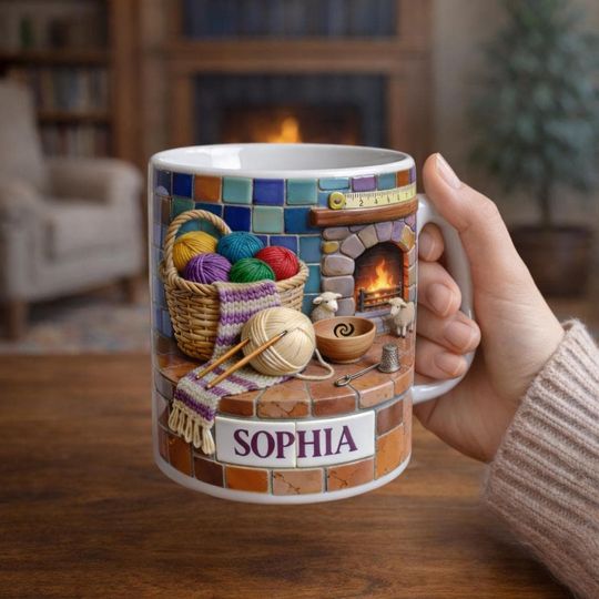 Personalized Knitting Mug, Custom Name Crochet Coffee Cup, Cozy Fireplace Yarn Lover Gift for Her, Knitter Birthday Mug