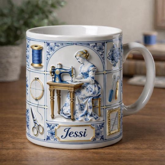 Personalized Sewing Mug, Custom Name Seamstress Coffee Cup, Quilter Gift, Vintage Sewing Machine Mug for Crafter