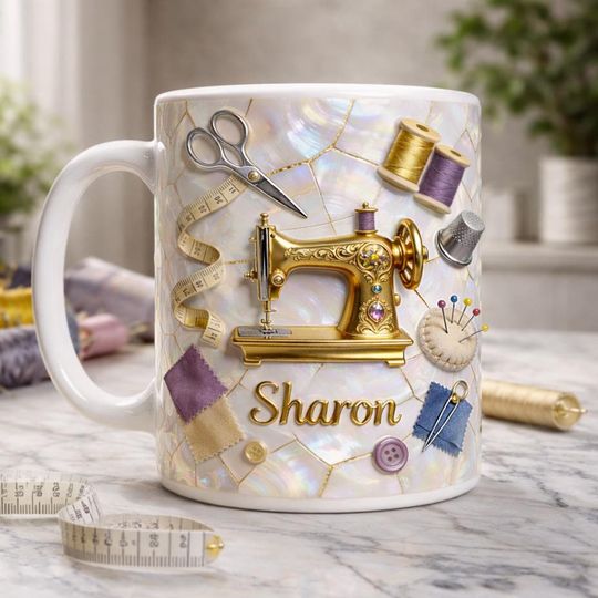 Personalized Sewing Mug, Custom Name Seamstress Coffee Cup, Tailor Gift, Vintage Sewing Machine Mug for Crafter