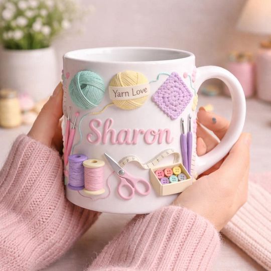 Personalized Crochet Mug, Custom Name Yarn Lover Coffee Cup, Knitting Gift for Crocheter, Cute Craft Mug