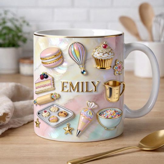 Personalized Baker Mug, Custom Name Baking Coffee Cup, Pastry Chef Gift, Cute Dessert Lover Kitchen Mug