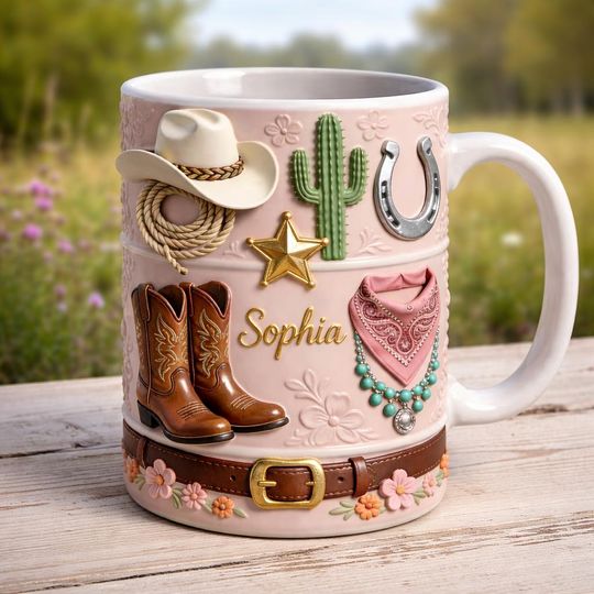 Personalized Cowgirl Mug, Custom Name Western Coffee Cup, Cowboy Boots Cactus Country Girl Gift for Her