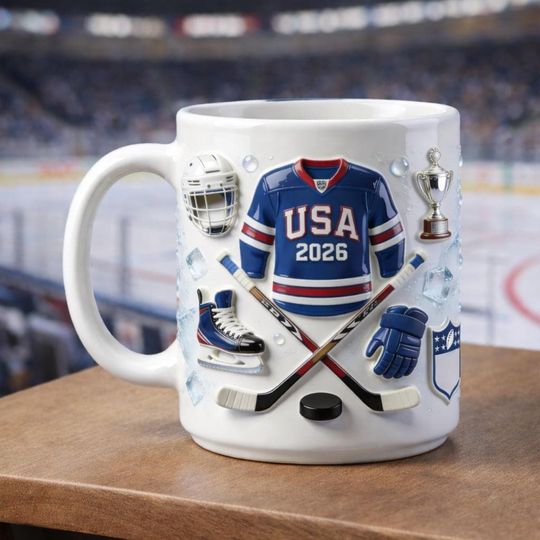 USA Hockey Mug 2026, Ice Hockey Fan Coffee Cup, Hockey Player Gift with Jersey Sticks Trophy Design