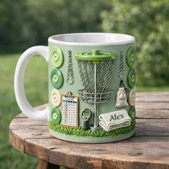 Personalized Disc Golf Mug, Custom Name Disc Golfer Coffee Cup, Basket Chains Outdoor Gift for Him
