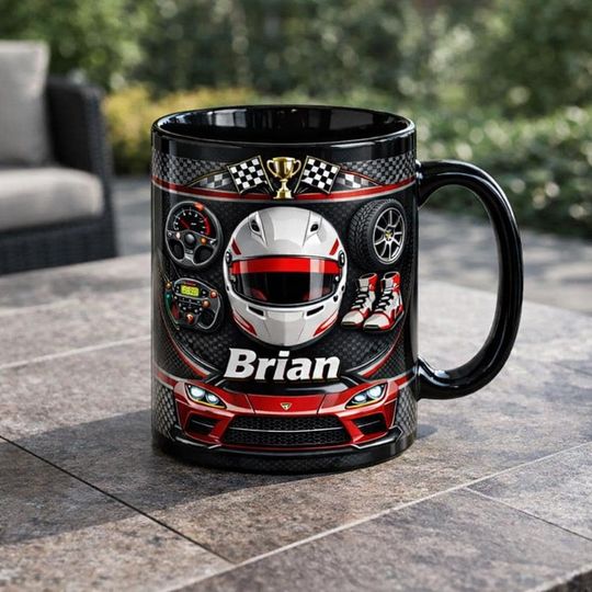 Personalized Racing Mug, Custom Name Car Lover Coffee Cup, Motorsport Gift for Men