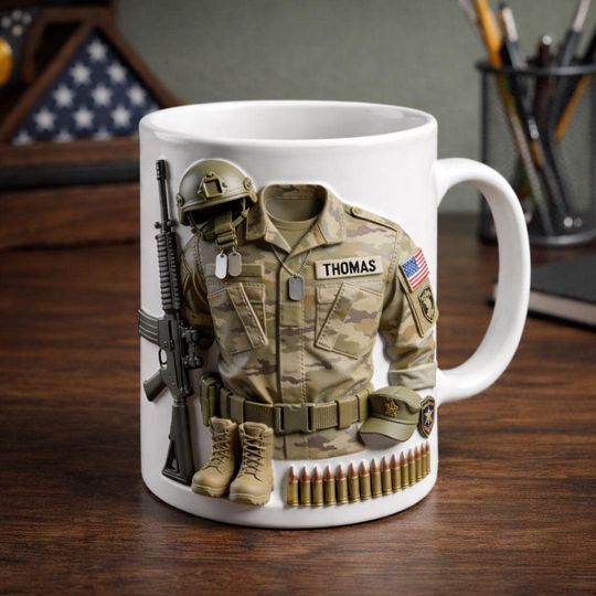 Personalized Army Soldier Mug, Custom Name Military Coffee Cup, Veteran Gift for Him, Patriotic Army Dad Mug