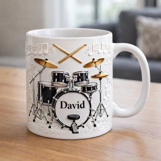 Personalized Drummer Mug, Custom Name Drum Set Coffee Cup, Musician Gift for Band Drummer
