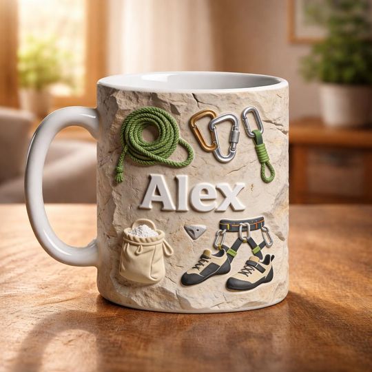 Personalized Climbing Mug, Rock Climber Gift with Name, Adventure Coffee Cup, Gift for Him Outdoor Lover