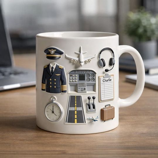 Personalized Pilot Mug, Custom Name Aviation Coffee Cup, Airline Captain Gift for Him, Aviation Lover Gift