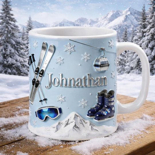 Personalized Skiing Mug, Custom Name Ski Lover Coffee Mug, Ski Resort Mug, Winter Sports Gift For Skier
