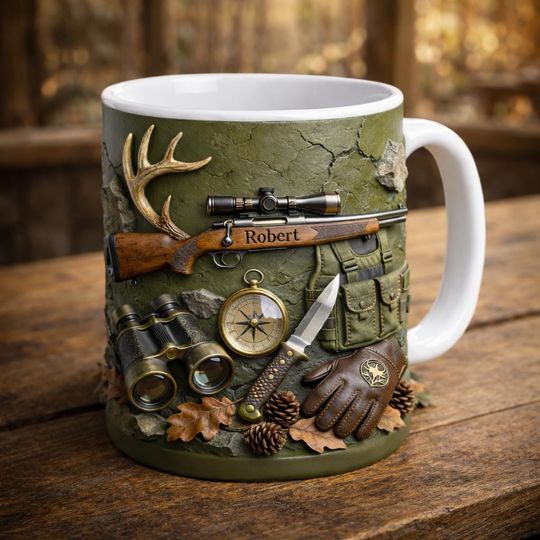 Personalized Hunting Mug for Dad, Custom Name Hunter Coffee Cup, Outdoor Rifle Gift for Him, Fathers Day Sportsman Mug