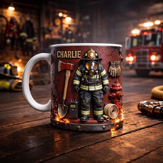 Personalized Firefighter Mug, Custom Name Fireman Coffee Cup, Fire Dept Gift for Hero, Dad, Retirement