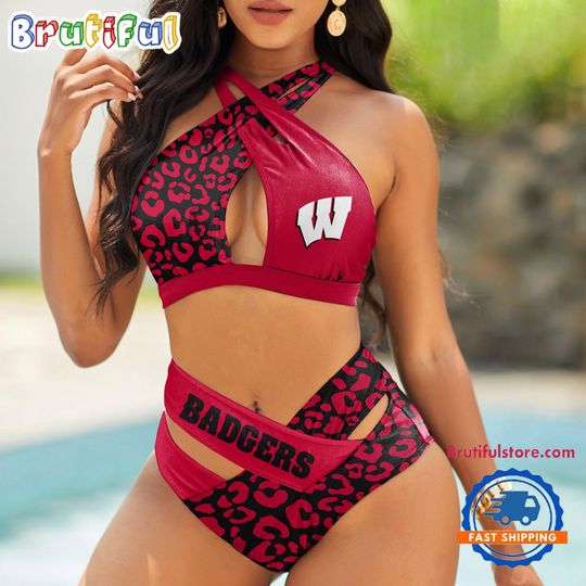 NCAA Wisconsins Badge Leopard Pattern Summer Beach Women’s Bikini Set