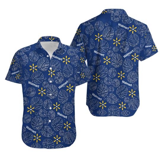Walmart Aloha Button Shirt With Leaves Tropical, Royal Blue Hawaiian Shirt