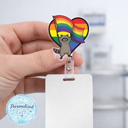 Raccoon Pride Badge Reel, Rainbow Pride Nurse Badge Holder, Cute LGBTQ Raccoon Retractable ID Badge Clip OIQP14-2