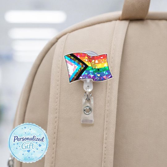 Progress Pride Flag Badge Reel, LGBTQ Inclusive Pride Nurse Badge Holder, Rainbow Retractable ID Badge Clip OIQP13-5
