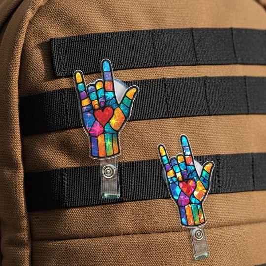 ASL I Love You Hand Sign Acrylic Badge Reel, Colorful Sign Language Heart Art, Deaf Awareness Gift, Rainbow Decor, Hospital Decor SBRL1P09