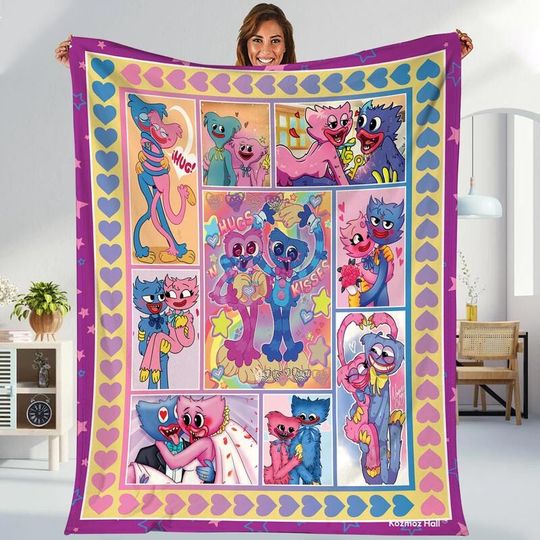Huggy Wuggy Poppy Playtime Blanket, Huggy Wuggy And Kissy Missy Fleece Blanket, Poppy Playtime Blanket, Huggy Wuggy Blanket For Couch Sofa