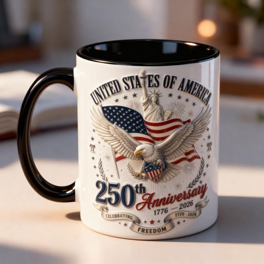 Discover USA 250th Anniversary 3D Mug, 1776 2026 America Coffee Mug, Patriotic Eagle Mug, Independence Day Gift, American Flag Mug, Embossed Mug
