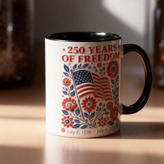 USA 250th Anniversary 3D Mug, 1776 2026 Freedom Coffee Mug, Patriotic Floral Mug, American Flag Mug, 4th of July Gift, Embossed Mug