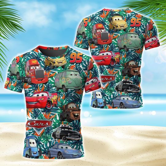 Lightning McQueen & Doc Hudson 3D T-Shirt, Car Pixar Hawaiian Beach Vacation Shirt
