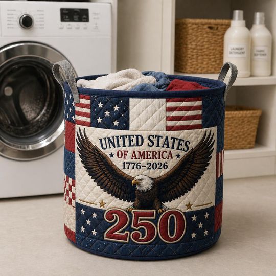 Patriot Heart Quilted Laundry Basket, American Flag Eagle Storage Bin, USA 250th Anniversary Quilted Laundry Basket