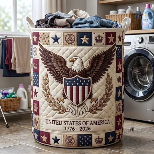 250th Anniversary USA Quilt Laundry Basket, America 250 Years Laundry Basket, 17762026 Patriotic Home Decor, Fourth Of July Clothes Hamper
