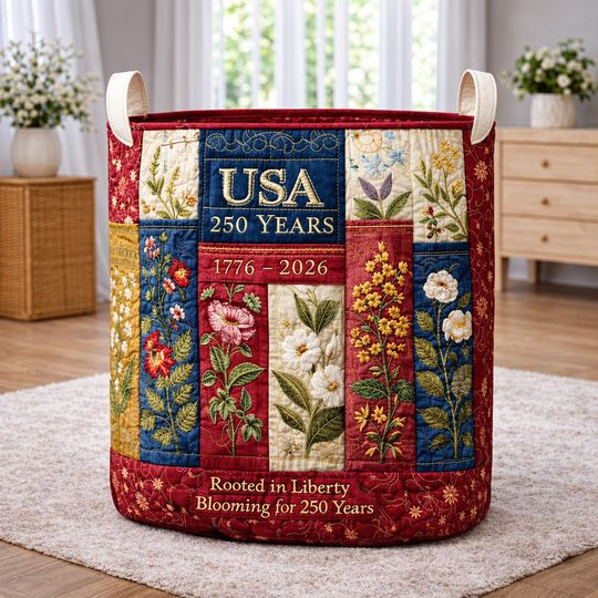 250th Anniversary USA Quilt Laundry Basket, America 250 Years Laundry Basket, 17762026 Patriotic Home Decor, Fourth Of July Clothes Hamper