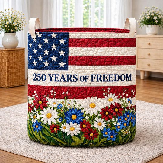 250th Anniversary USA Quilt Laundry Basket, America 250 Years Laundry Basket, 17762026 Patriotic Home Decor, Fourth Of July Clothes Hamper
