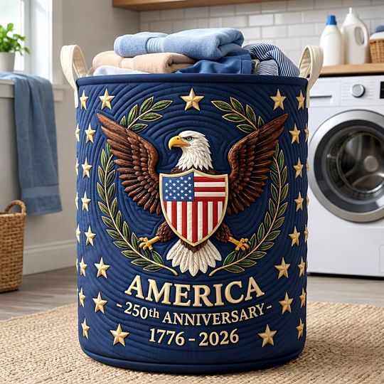 250th Anniversary USA Quilt Laundry Basket, America 250 Years Laundry Basket, 17762026 Patriotic Home Decor, Fourth Of July Clothes Hamper