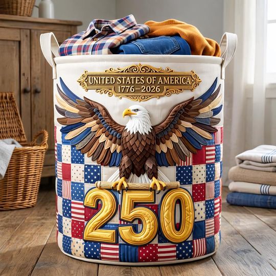 250th Anniversary USA Quilt Laundry Basket, America 250 Years Laundry Basket, 17762026 Patriotic Home Decor, Fourth Of July Clothes Hamper
