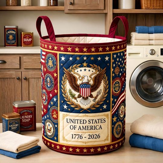 250th Anniversary USA Quilt Laundry Basket, America 250 Years Laundry Basket, 17762026 Patriotic Home Decor, Fourth Of July Clothes Hamper