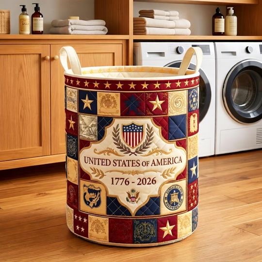 250th Anniversary USA Quilt Laundry Basket, America 250 Years Laundry Basket, 17762026 Patriotic Home Decor, Fourth Of July Clothes Hamper