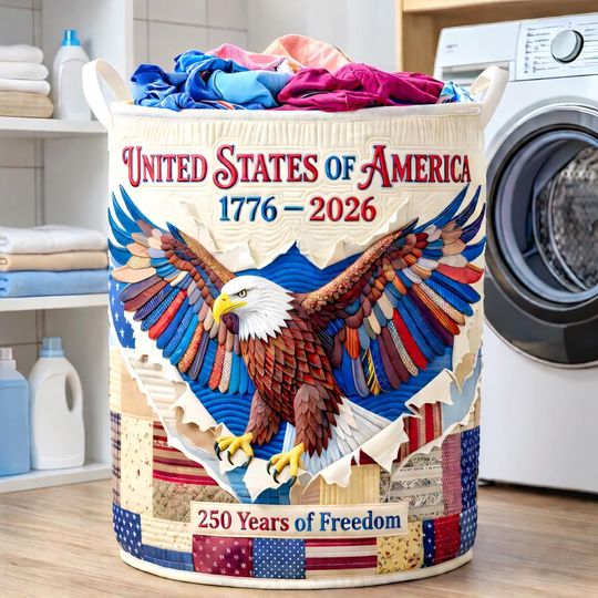 250th Anniversary USA Quilt Laundry Basket, America 250 Years Laundry Basket, 17762026 Patriotic Home Decor, Fourth Of July Clothes Hamper