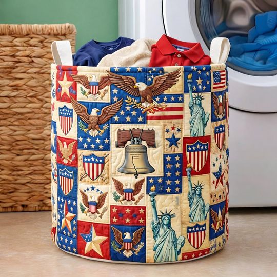 250th Anniversary USA Quilt Laundry Basket, America 250 Years Laundry Basket, 17762026 Patriotic Home Decor, Fourth Of July Clothes Hamper