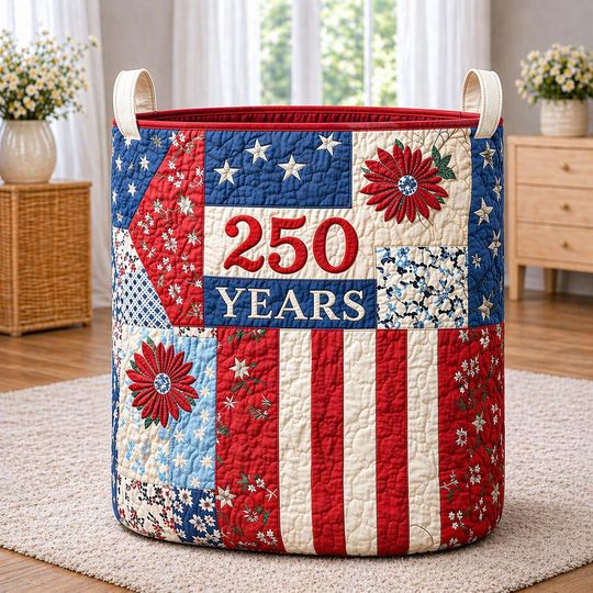 250th Anniversary USA Quilt Laundry Basket, America 250 Years Laundry Basket, 17762026 Patriotic Home Decor, Fourth Of July Clothes Hamper