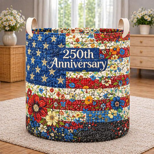 250th Anniversary USA Quilt Laundry Basket, America 250 Years Laundry Basket, 17762026 Patriotic Home Decor, Fourth Of July Clothes Hamper